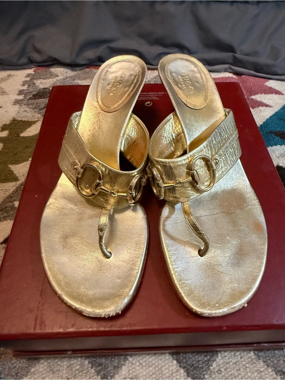 Gucci Gold Leather Horsebit Thong Sandals
